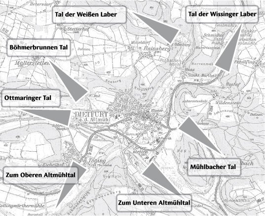 Dietfurt - 7 Täler Die Karte zeigt, wie sich der Dietfurter "Name" 7-Täler-Stadt zusammensetzt.